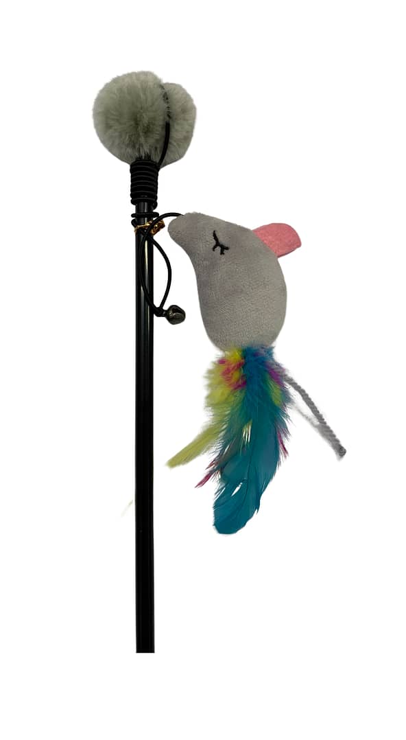 BillipetUSA Cat Teaser Plastic Catnip Wand Grey Mouse with Feather 20"