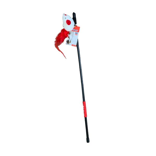 BillipetUSA Catnip Cat Teaser White Mouse with felt feather Plastic Wand 20"