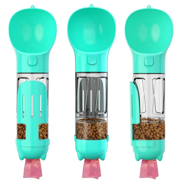Portable water bottle with feeder/watering cup and storage space
