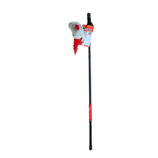BillipetUSA Catnip Cat Teaser Grey Mouse with felt feather Plastic Wand 20"