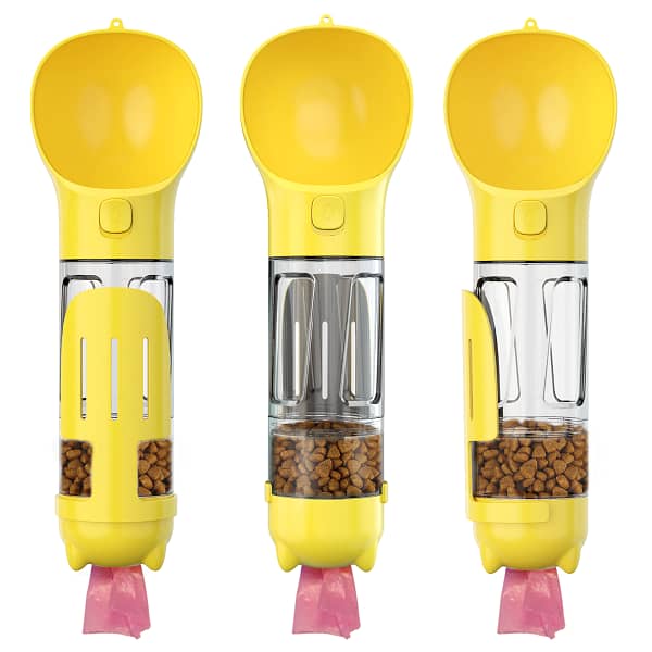 Yellow 3in1 dispenser for water food and poo bags.
